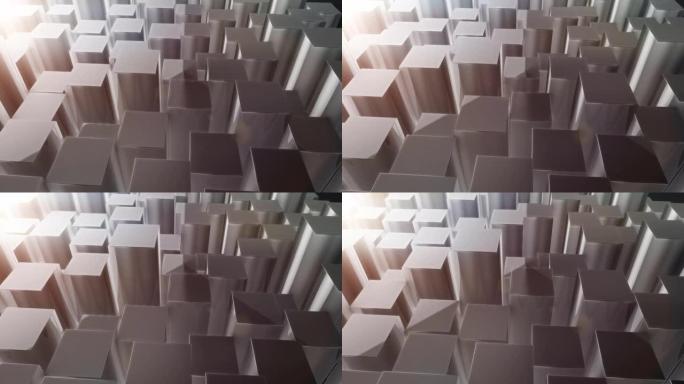 4k高清视频中金属闪亮铬银上下移动铁方块和立方体的美丽抽象背景