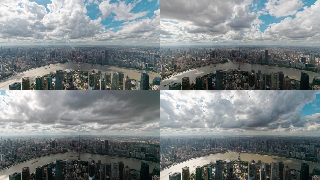 上海市晴天阴天，从上海环球金融中心100楼高视角，4k延时镜头，白云在整个城市移动。