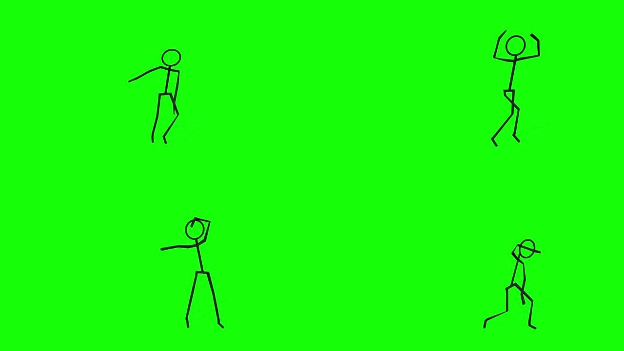火柴人卡通人物动画，舞蹈。色度键，棍子人跳舞动画隔离在绿色屏幕上，透明背景。