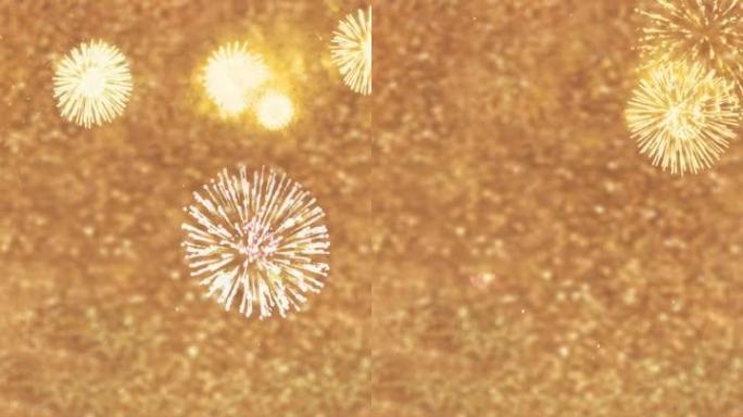 新年快乐2023金色，闪闪发光的金色闪闪发光的bokeh墙壁上的烟花，节日庆祝概念