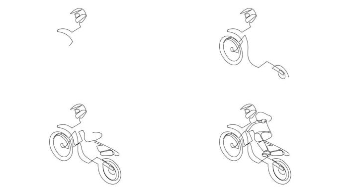 单线越野摩托车手自画动画。动画极限运动概念