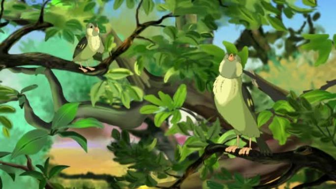 树枝上的绿色森林小鸟