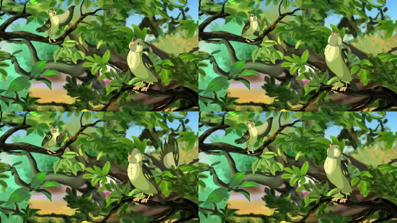 树枝上的绿色森林小鸟