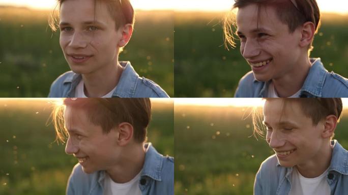 在夏天温暖的日子里，男孩对相机肖像微笑，白人孩子，穿着休闲服的笑容灿烂的男孩。