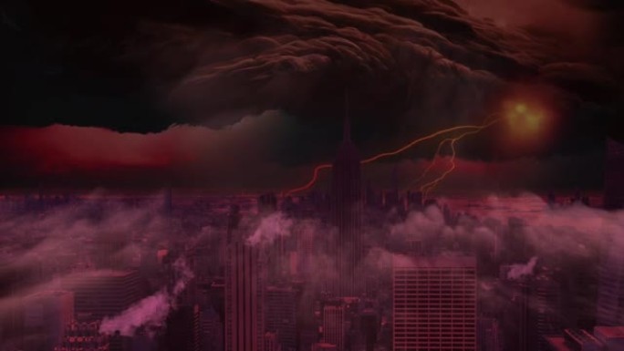 纽约曼哈顿灾难片段显示燃烧的建筑物和可怕的雷雨。超自然，Ufo，核战争主题