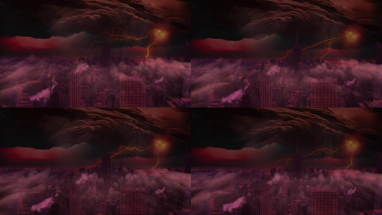 纽约曼哈顿灾难片段显示燃烧的建筑物和可怕的雷雨。超自然，Ufo，核战争主题