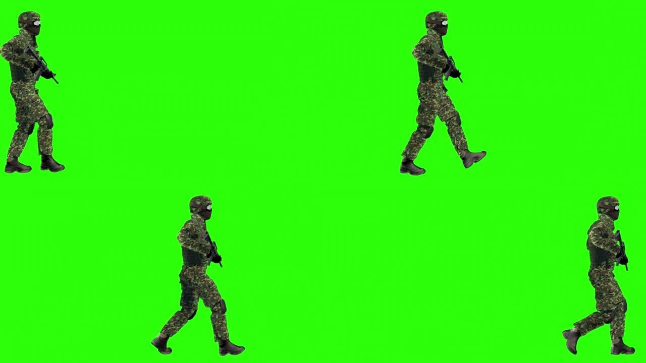 身穿迷彩服的士兵在绿色背景上拿着武器走着。绿色的屏幕。3 d动画。
