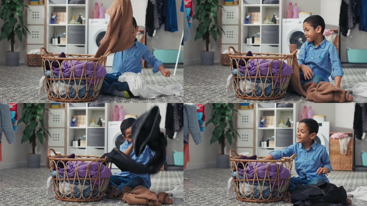 Little cute boy helps mom with housework sits on t