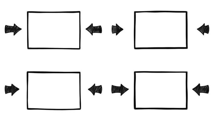 两个涂鸦箭头指向一个空框架。白色背景的可循环手绘定格动画
