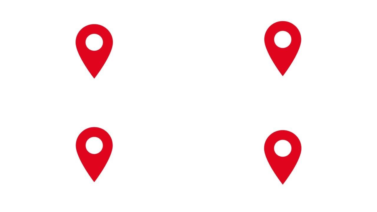 白色背景上红色地图定位销弹跳的循环动画
