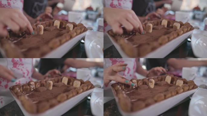 Teenage girl preparing Halloween tiramisu for the 