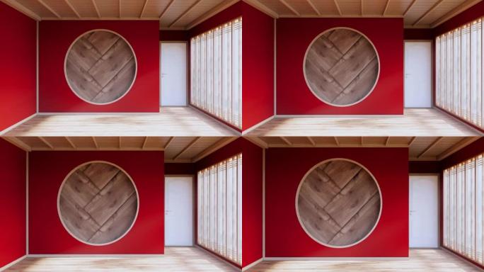 室内颜色红色房间，带榻榻米地板。3d渲染