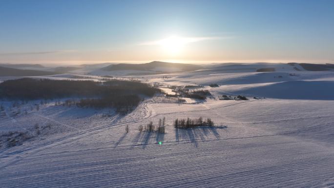 航拍4K内蒙古苍茫雪原夕照