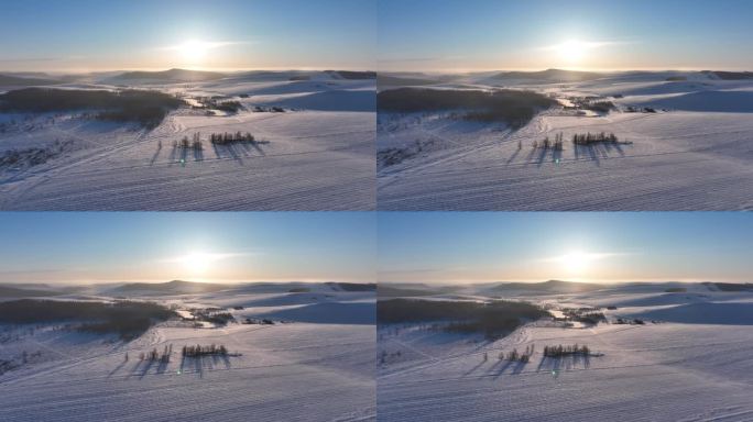 航拍4K内蒙古苍茫雪原夕照