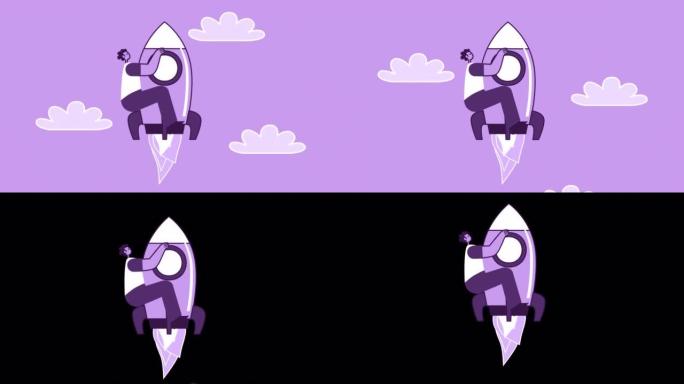 紫色风格的男人扁平角色在火箭上飞出智能手机。带有Alpha通道的孤立循环动画