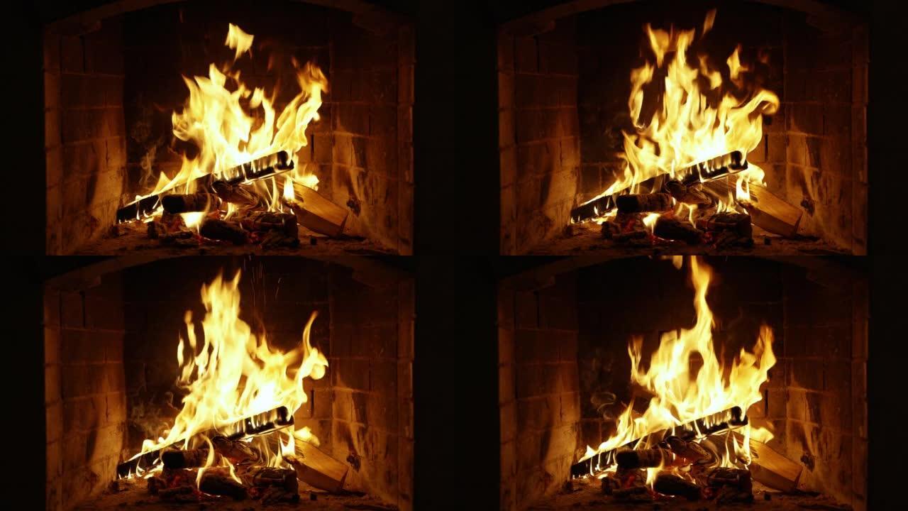 舒适放松的壁炉。超高清电视屏幕保护程序。壁炉里燃烧着火。慢动作。