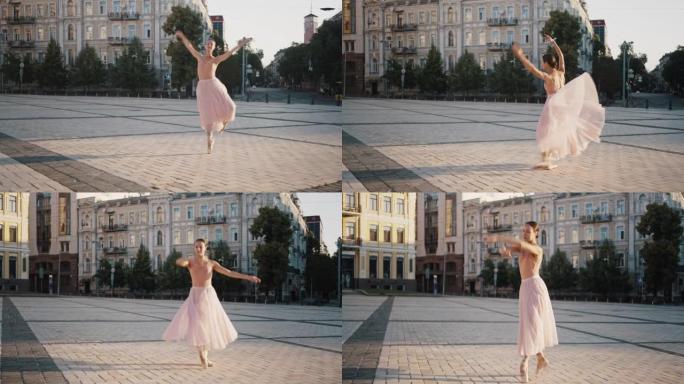 优雅的女人在脚尖上旋转，在广场上举手