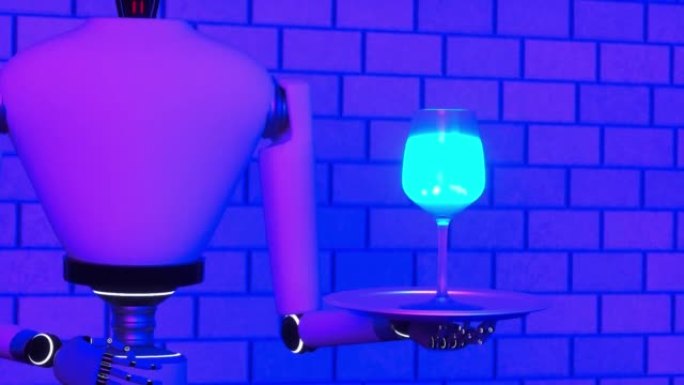 服务机器人提供霓虹蓝色饮料 (3d渲染)