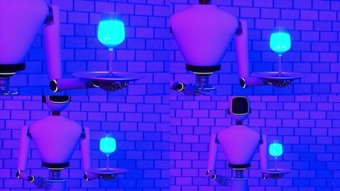 服务机器人提供霓虹蓝色饮料 (3d渲染)