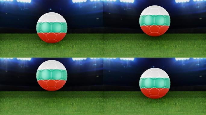 保加利亚国旗足球，带灯跳入体育场。足球场和球，4k分辨率，循环-股票视频