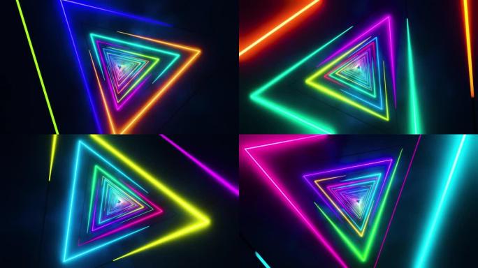 飞过彩光的彩色三角形。无限循环动画。