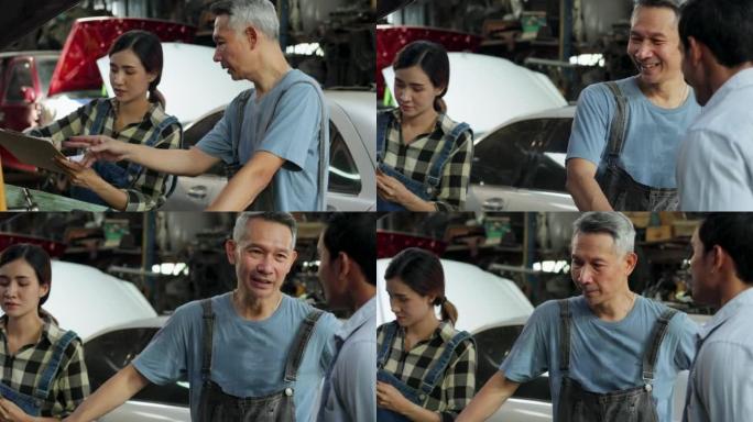 握手和问候。亚洲年轻人顾客在汽车维修服务和汽车商店与车主和机械师交谈