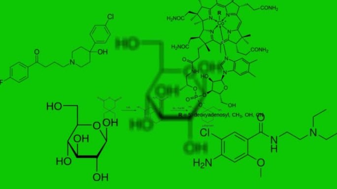 来自制药，维生素和其他化合物的化学结构出现在均匀的绿色背景中