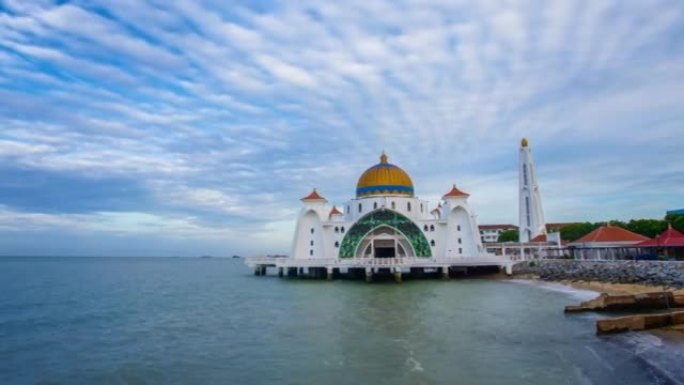 马六甲海峡清真寺4k Timelapse (马六甲清真寺)，马六甲，马来西亚。