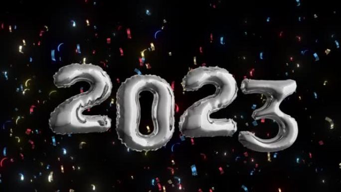 黑色背景上的银箔气球字母2022与五彩纸屑下降3d动画