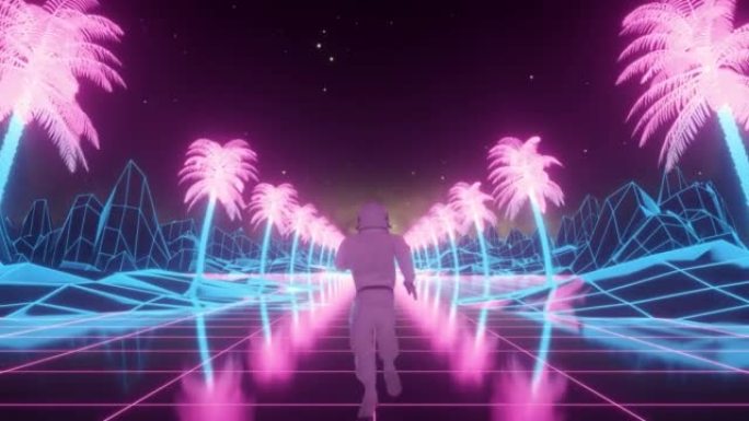 宇航员在闪烁的霓虹灯的包围下奔跑。音乐和复述概念。复古80年代风格合成波背景