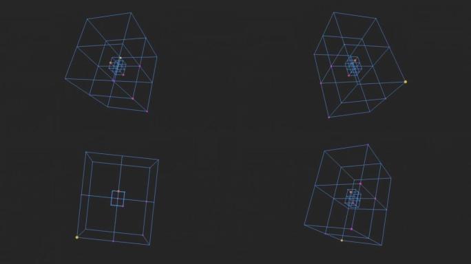 黑色空间上带有霓虹灯点和线的未来派立方体