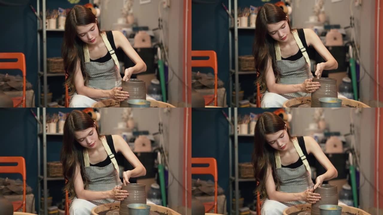高加索少女制作粘土。