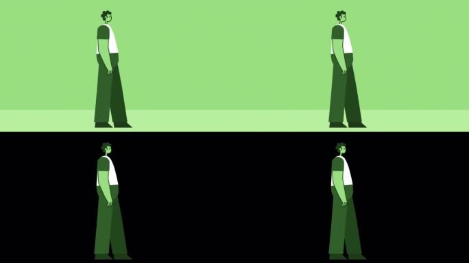 绿色风格的男人扁平角色行走周期。带有Alpha通道的孤立循环动画