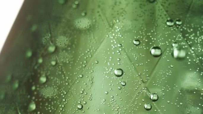 当打开一瓶矿泉水时，碳酸饮料中的许多气泡在反应过程中上升。绿色瓶子里的大量碳酸饮料气泡。碳形成气泡