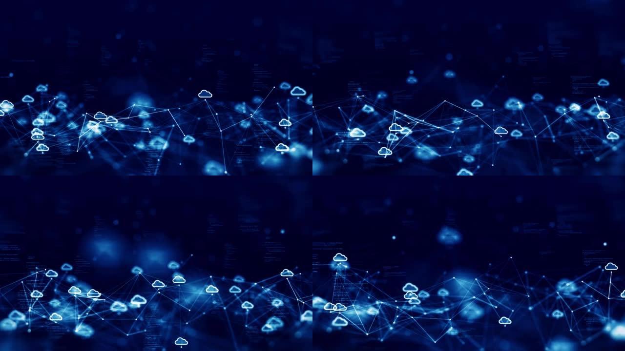 具有网络安全数据保护的云和边缘计算技术概念。多边形连接代码深蓝色背景上模糊后面的小云图标。