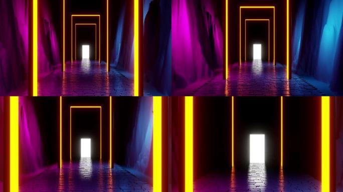 科幻鹅卵石走廊，带有霓虹灯拱门和侧面带有发光门的自然浮雕。