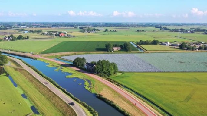 典型的荷兰圩田景观，有运河和农场。