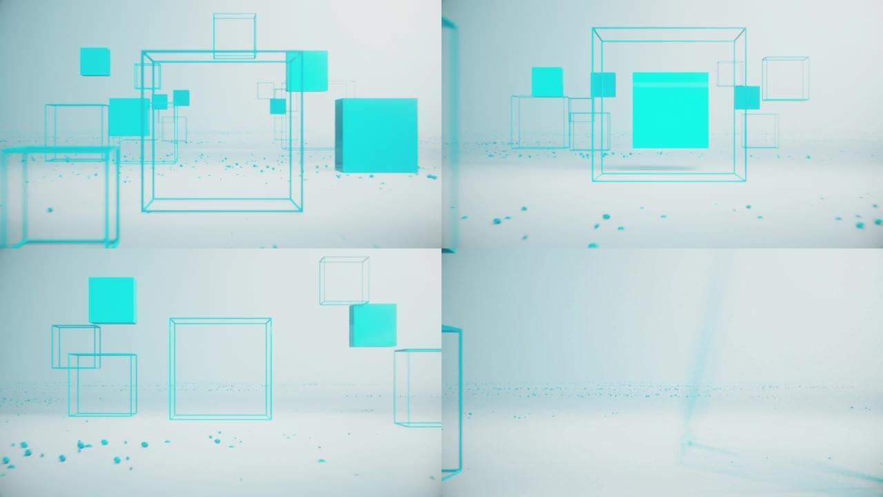 动画抽象飞过带有白色背景的3d渲染框。3d 4k镜头