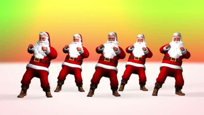 穿着红色西装的五个欢快的圣诞老人正在跳舞。3d渲染