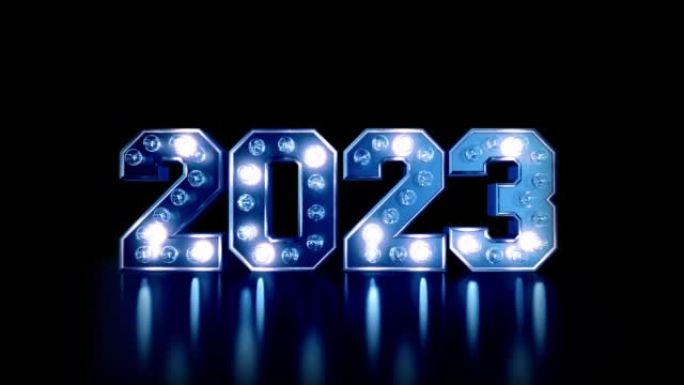新年夜2023与闪烁的灯在蓝色主题