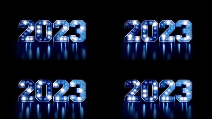 新年夜2023与闪烁的灯在蓝色主题