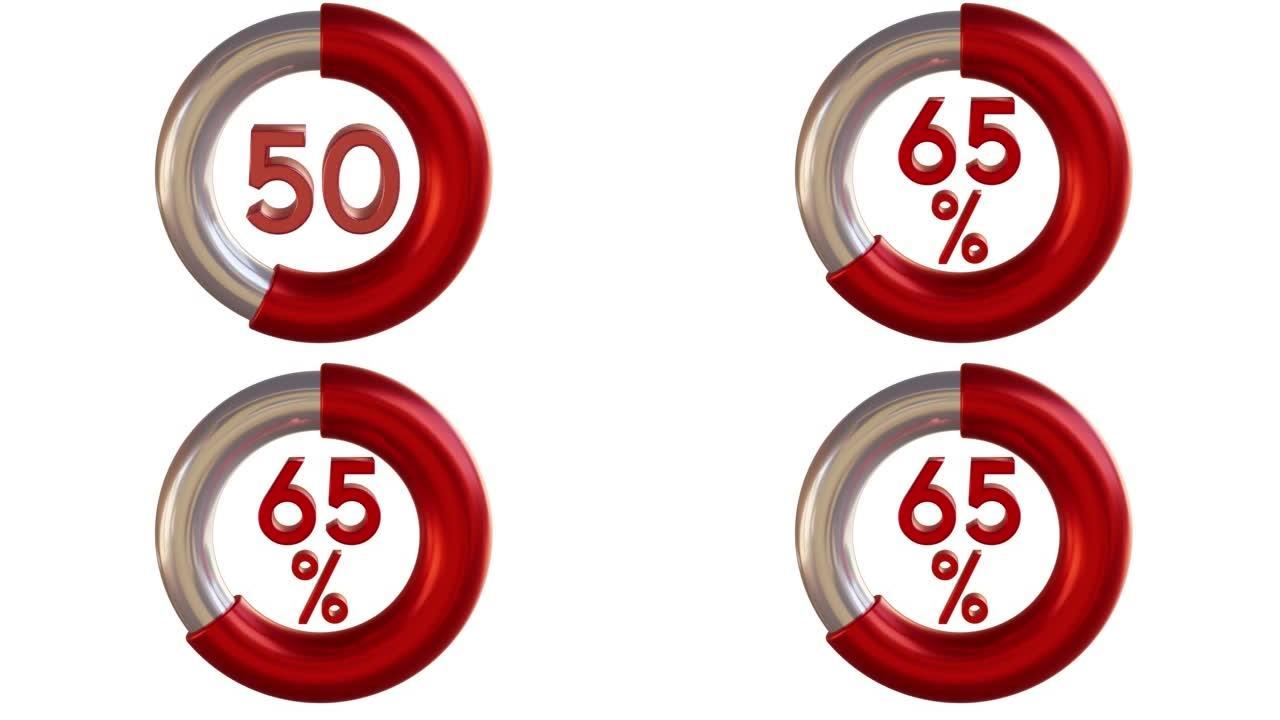 饼图3D动画视频与65% 元素。统计，增加，增长，上升，商业和金融主题。甜甜圈图表