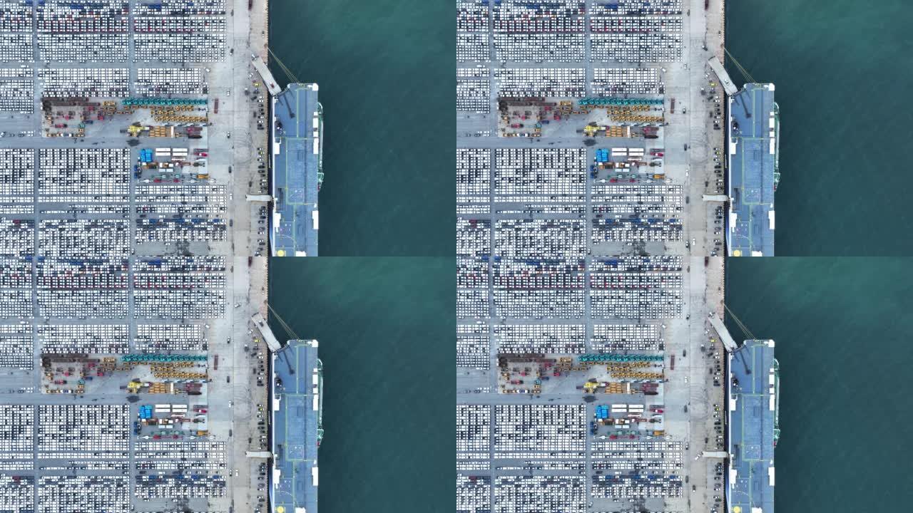 许多运行货船的新车，用于进出口运输的滚装船货代服务船，物流运输经销商在横滨的汽车出口码头