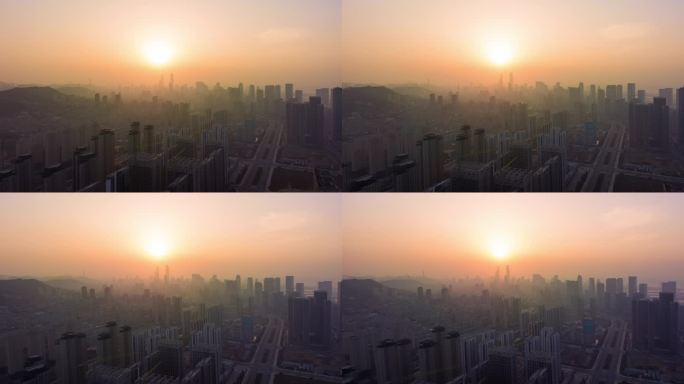 航拍大连城市天际线夕阳的风景