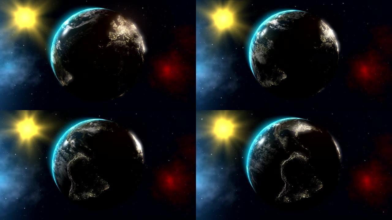 地球和太阳。白天和黑夜。从太空看