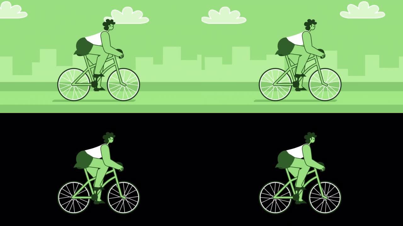 绿色风格的女人平字符速度骑公路自行车。带有Alpha通道的孤立循环动画