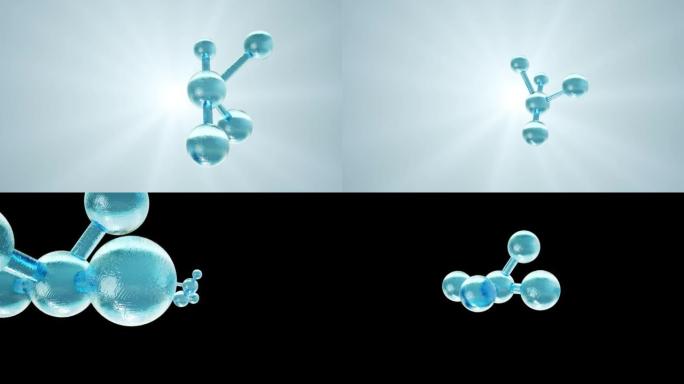 3D动画分子宏原子细胞精华液乳霜，胶原蛋白透明水晶精华液和维生素护肤，清晰的背景。