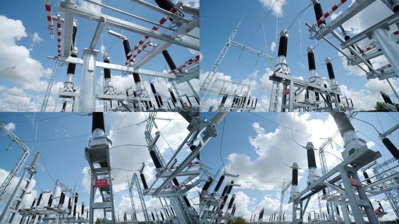 变电站的建设。电气工程师控制钢塔上的接线电力，整个电力建设和维护服务，电力传输基础设施，最高电压传输