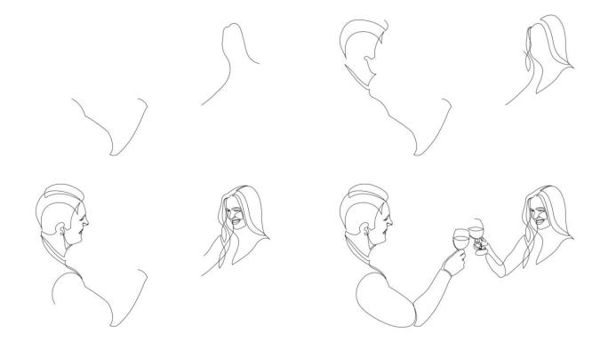 男人和女人用酒杯欢呼的连续线条画。自画动画。