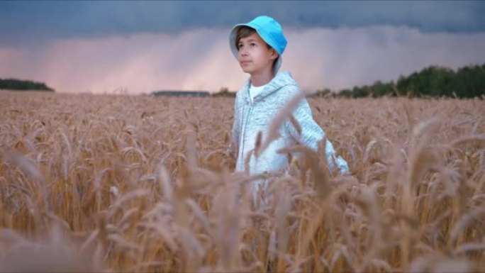 太阳来代替雨，有趣的男孩在雨云的背景下走在田野里，阴雨的天气，天气的变化